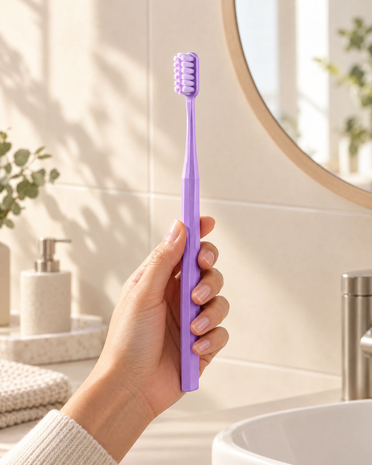 يد تمسك فرشاة Humble Brush 7K بنفسجية في حمّام مضاء بضوء الصباح